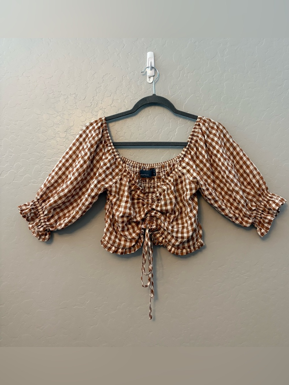 Indigo Rising brown white gingham plaid tie front ruffled crop top medium